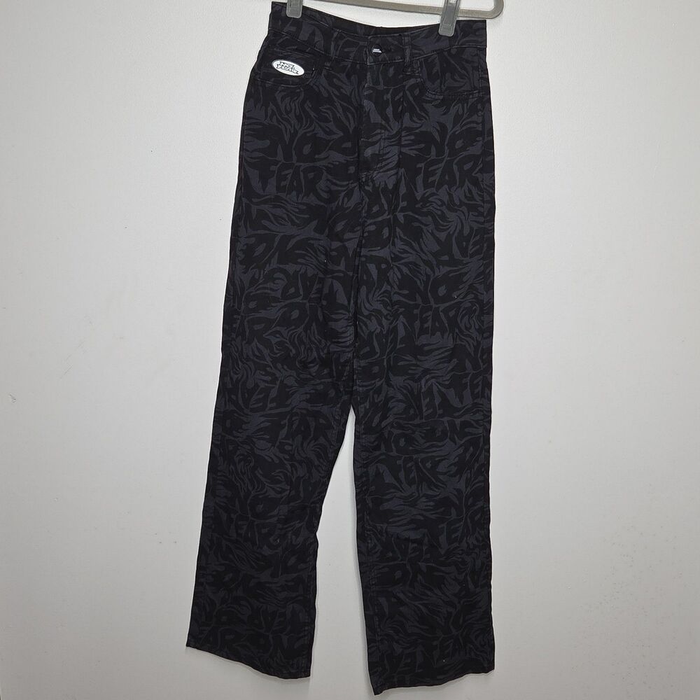 H&M X NO FEAR Jeans Womens 2 Black All Over Print Denim Pants Straight Leg Skate